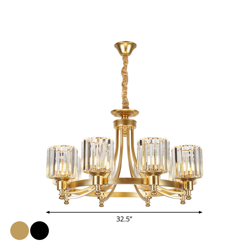 Postmodern Cylinder Chandelier 8/10-Light Prismatic Crystal Drop Lamp in Black/Gold for Living Room Clearhalo 'Ceiling Lights' 'Chandeliers' 'Modern Chandeliers' 'Modern' Lighting' 2015923