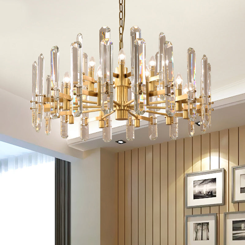15 Lights Radial Hanging Pendant Post-Modern Gold Clear Crystal Rod Chandelier for Dining Room Clearhalo 'Ceiling Lights' 'Chandeliers' 'Modern Chandeliers' 'Modern' Lighting' 2015930
