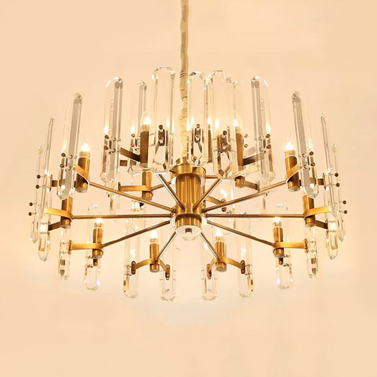 15 Lights Radial Hanging Pendant Post-Modern Gold Clear Crystal Rod Chandelier for Dining Room Clearhalo 'Ceiling Lights' 'Chandeliers' 'Modern Chandeliers' 'Modern' Lighting' 2015931