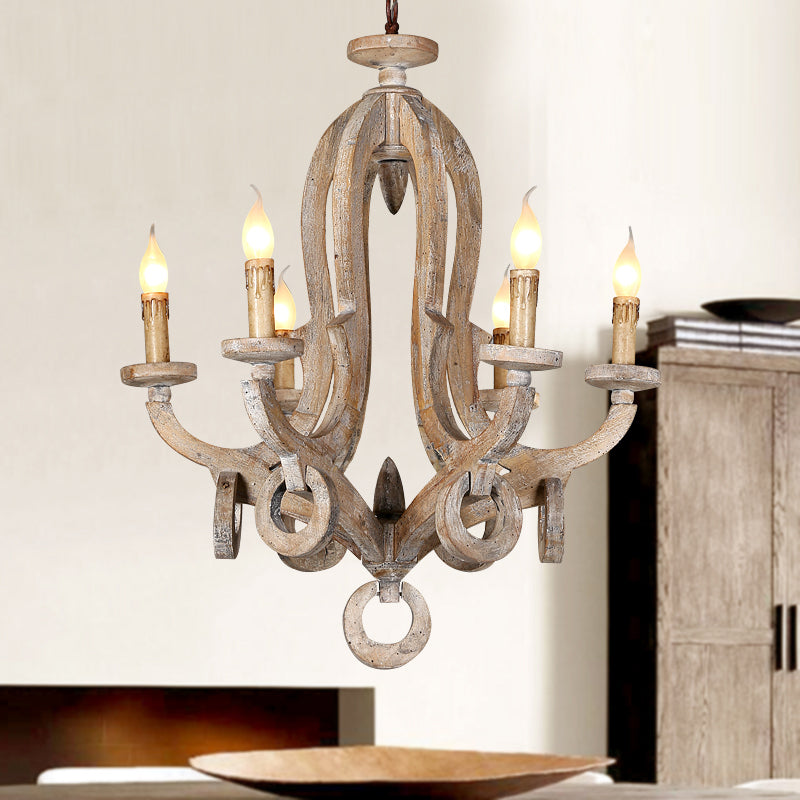 Distressed Wood Ceiling Chandelier Curved Frame Cottage Pendant Lighting Fixture for Living Room 6 Distressed Wood Clearhalo 'Ceiling Lights' 'Chandeliers' Lighting' options 2015945_23ed2d3d-70b7-4fcb-9517-c8fcec65763b