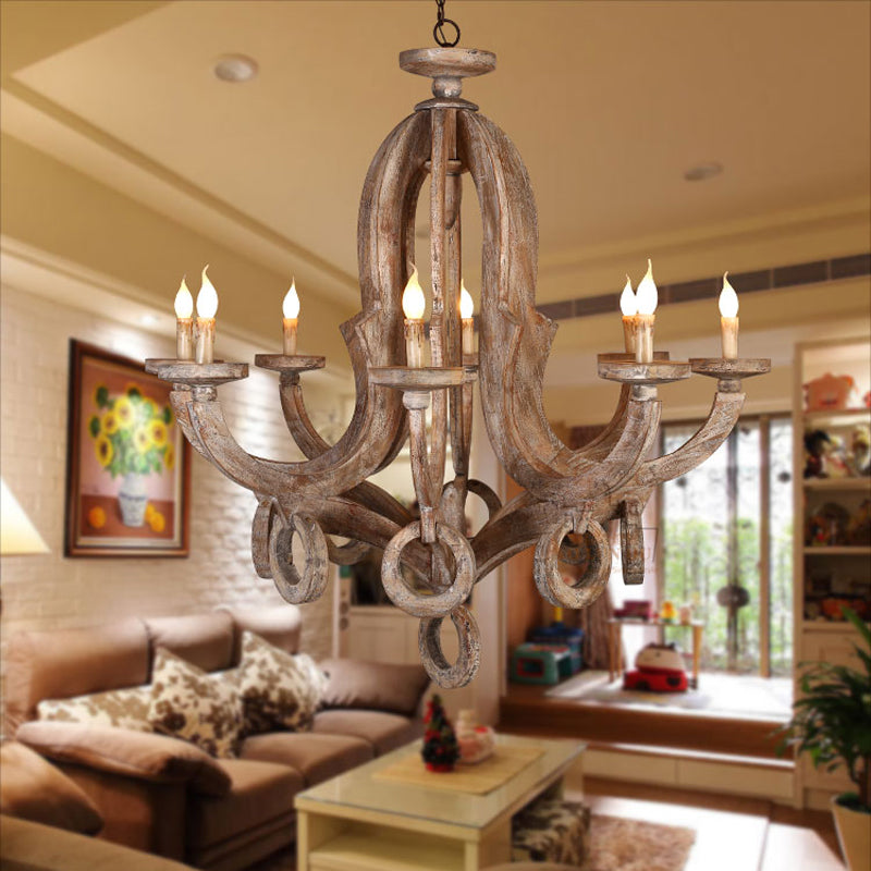 Distressed Wood Ceiling Chandelier Curved Frame Cottage Pendant Lighting Fixture for Living Room Clearhalo 'Ceiling Lights' 'Chandeliers' Lighting' options 2015950