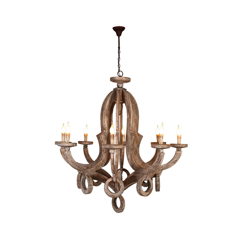 Distressed Wood Ceiling Chandelier Curved Frame Cottage Pendant Lighting Fixture for Living Room Clearhalo 'Ceiling Lights' 'Chandeliers' Lighting' options 2015951