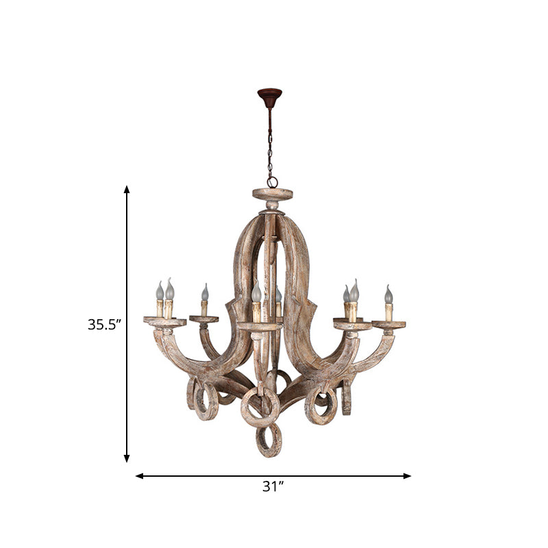 Distressed Wood Ceiling Chandelier Curved Frame Cottage Pendant Lighting Fixture for Living Room Clearhalo 'Ceiling Lights' 'Chandeliers' Lighting' options 2015953