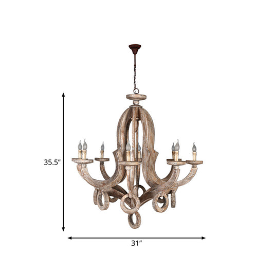 Distressed Wood Ceiling Chandelier Curved Frame Cottage Pendant Lighting Fixture for Living Room Clearhalo 'Ceiling Lights' 'Chandeliers' Lighting' options 2015953