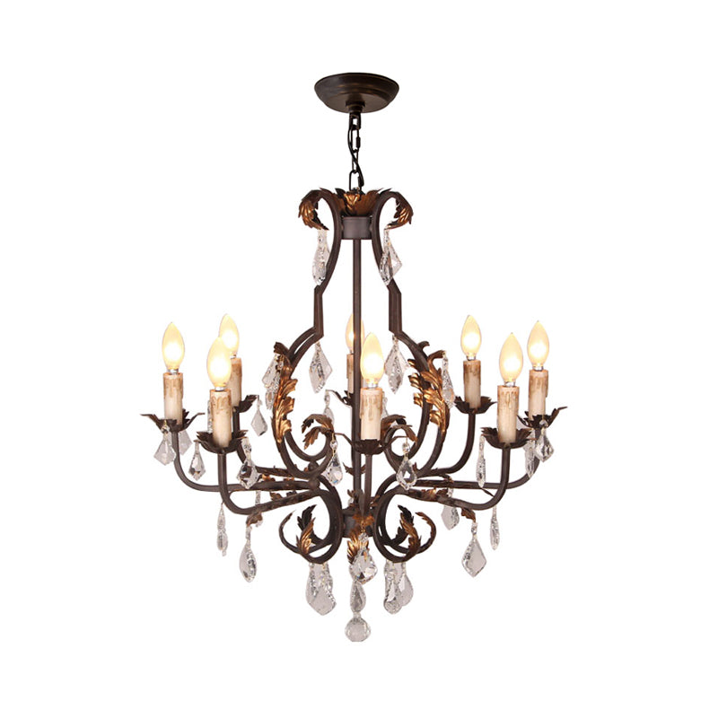 Rust Swooping Arm Chandelier Lamp Traditional Wood Living Room Pendant Light Kit with Crystal Accent Clearhalo 'Ceiling Lights' 'Chandeliers' Lighting' options 2015954