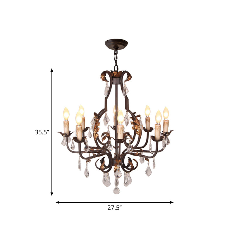 Rust Swooping Arm Chandelier Lamp Traditional Wood Living Room Pendant Light Kit with Crystal Accent Clearhalo 'Ceiling Lights' 'Chandeliers' Lighting' options 2015957