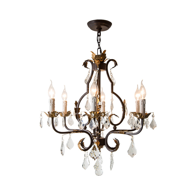 Rust Swooping Arm Chandelier Lamp Traditional Wood Living Room Pendant Light Kit with Crystal Accent Clearhalo 'Ceiling Lights' 'Chandeliers' Lighting' options 2015959