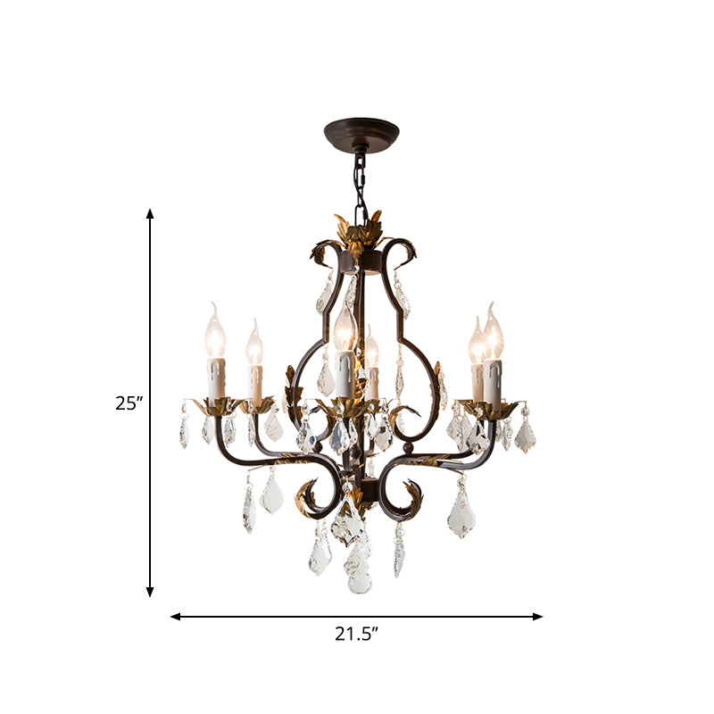 Rust Swooping Arm Chandelier Lamp Traditional Wood Living Room Pendant Light Kit with Crystal Accent Clearhalo 'Ceiling Lights' 'Chandeliers' Lighting' options 2015961