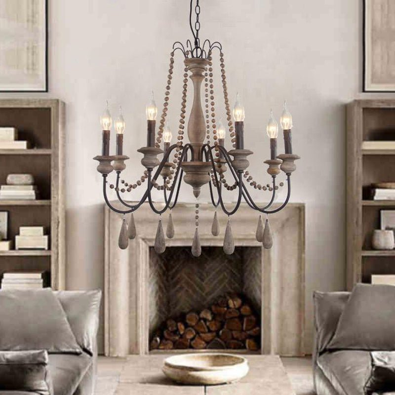 Farmhouse Swooping Arm Chandelier Wood Hanging Ceiling Light with Candelabra Design Clearhalo 'Ceiling Lights' 'Chandeliers' Lighting' options 2015962