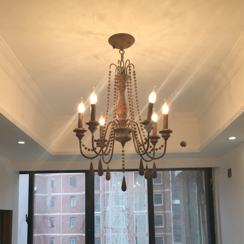 Farmhouse Swooping Arm Chandelier Wood Hanging Ceiling Light with Candelabra Design Clearhalo 'Ceiling Lights' 'Chandeliers' Lighting' options 2015967