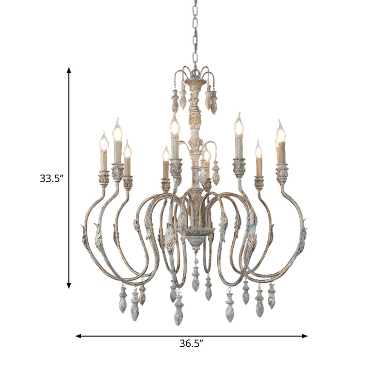 Curving Distressed Wood Pendant Lighting Classic Living Room Chandelier Light Fixture with Droplet Clearhalo 'Ceiling Lights' 'Chandeliers' Lighting' options 2015993