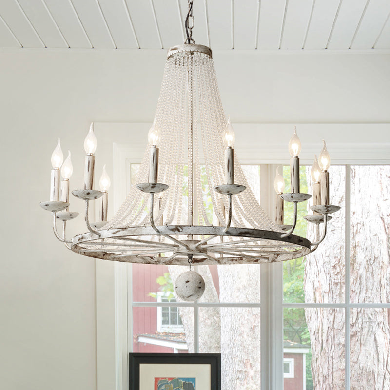 Distressed Wood Bead Chandelier Retro Clear Crystal Living Room Hanging Pendant Light with Wagon Wheel Design Clearhalo 'Ceiling Lights' 'Chandeliers' Lighting' options 2016005