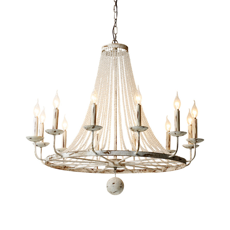 Distressed Wood Bead Chandelier Retro Clear Crystal Living Room Hanging Pendant Light with Wagon Wheel Design Clearhalo 'Ceiling Lights' 'Chandeliers' Lighting' options 2016006