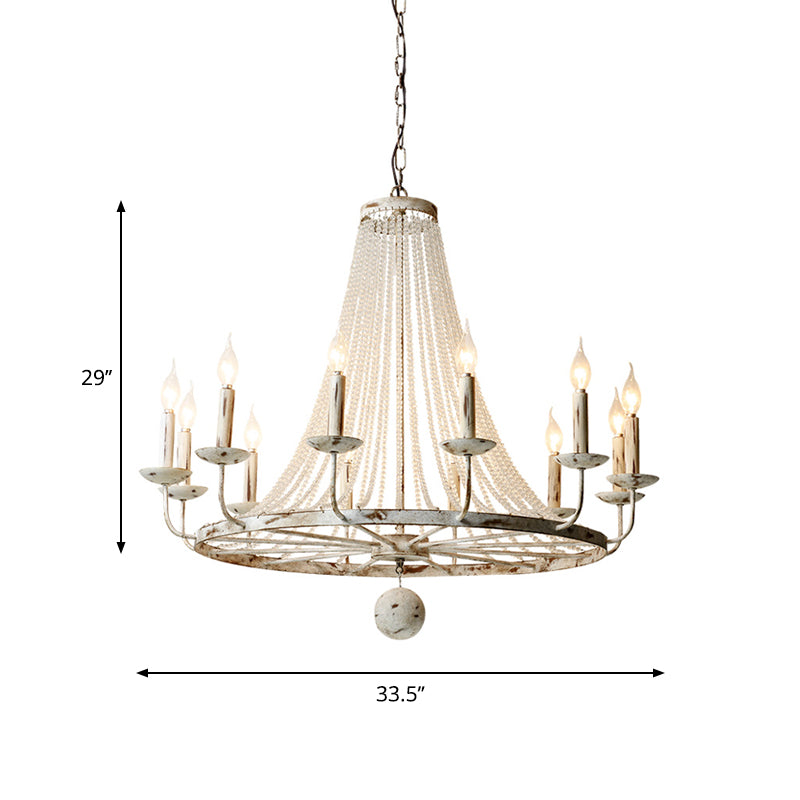 Distressed Wood Bead Chandelier Retro Clear Crystal Living Room Hanging Pendant Light with Wagon Wheel Design Clearhalo 'Ceiling Lights' 'Chandeliers' Lighting' options 2016007