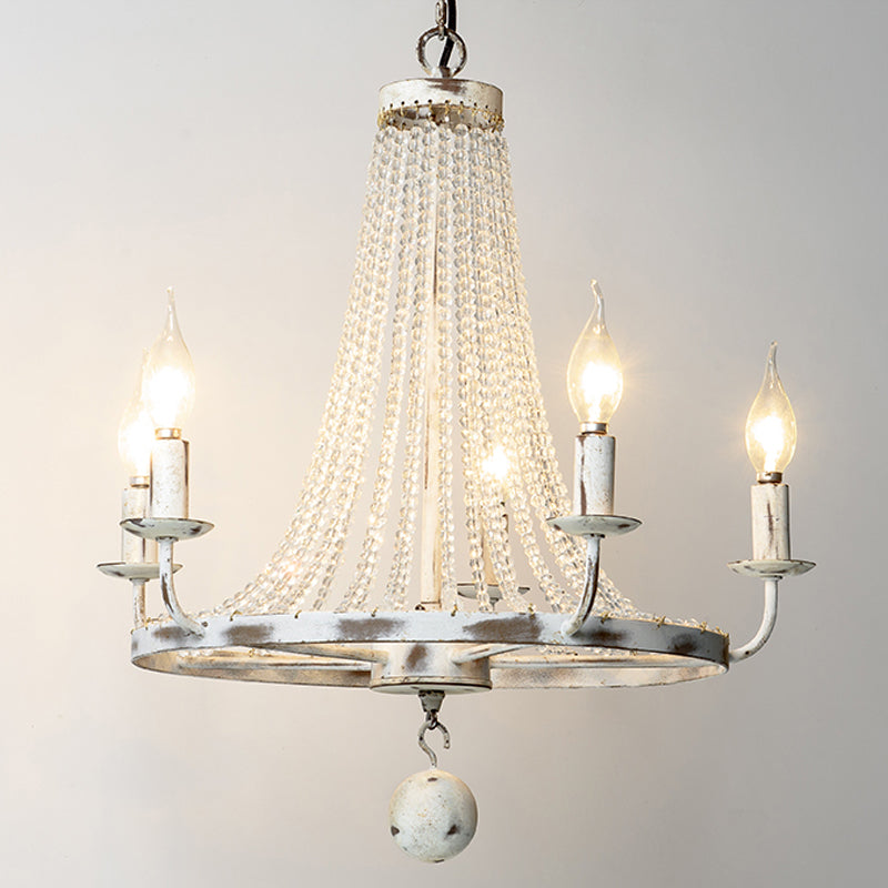 Distressed Wood Bead Chandelier Retro Clear Crystal Living Room Hanging Pendant Light with Wagon Wheel Design Clearhalo 'Ceiling Lights' 'Chandeliers' Lighting' options 2016015