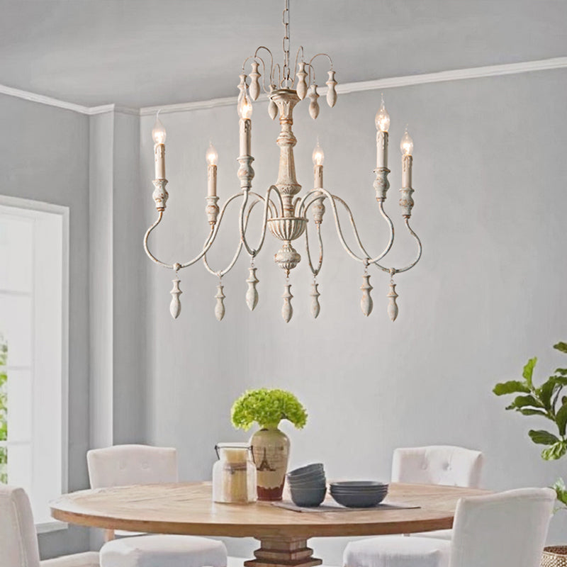 6 Heads Wood Hanging Ceiling Light Country Distressed White Swooping Arm Dining Room Chandelier Lighting Distressed Wood Clearhalo 'Ceiling Lights' 'Chandeliers' Lighting' options 2016032_187add16-0688-459d-8bcd-b14894b08c7a