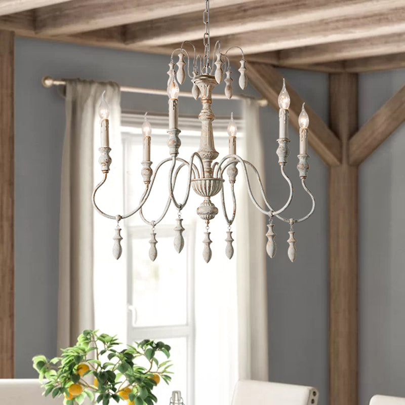 6 Heads Wood Hanging Ceiling Light Country Distressed White Swooping Arm Dining Room Chandelier Lighting Clearhalo 'Ceiling Lights' 'Chandeliers' Lighting' options 2016034