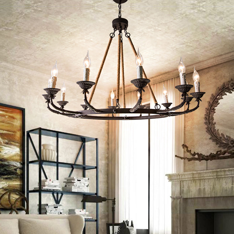 Candelabra Living Room Chandelier Retro Metallic Rust Pendant Lighting Fixture with Hemp Rope Cord Clearhalo 'Ceiling Lights' 'Chandeliers' Lighting' options 2016047