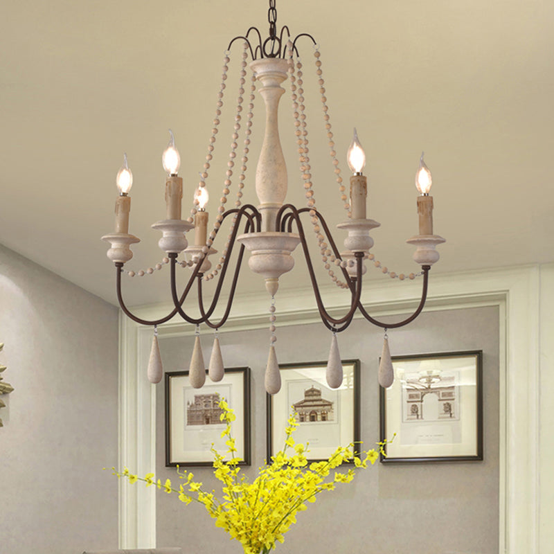 Rural Candle Pendulum Light 6 Bulbs Wood Chandelier Lighting Fixture in White with Bead Strand White Clearhalo 'Ceiling Lights' 'Chandeliers' Lighting' options 2016080_4971da1f-1c26-483e-a4ea-a92bca1e6aa3