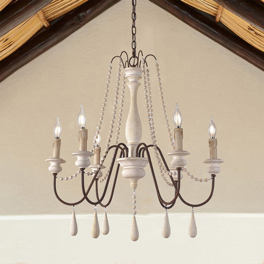 Rural Candle Pendulum Light 6 Bulbs Wood Chandelier Lighting Fixture in White with Bead Strand Clearhalo 'Ceiling Lights' 'Chandeliers' Lighting' options 2016081