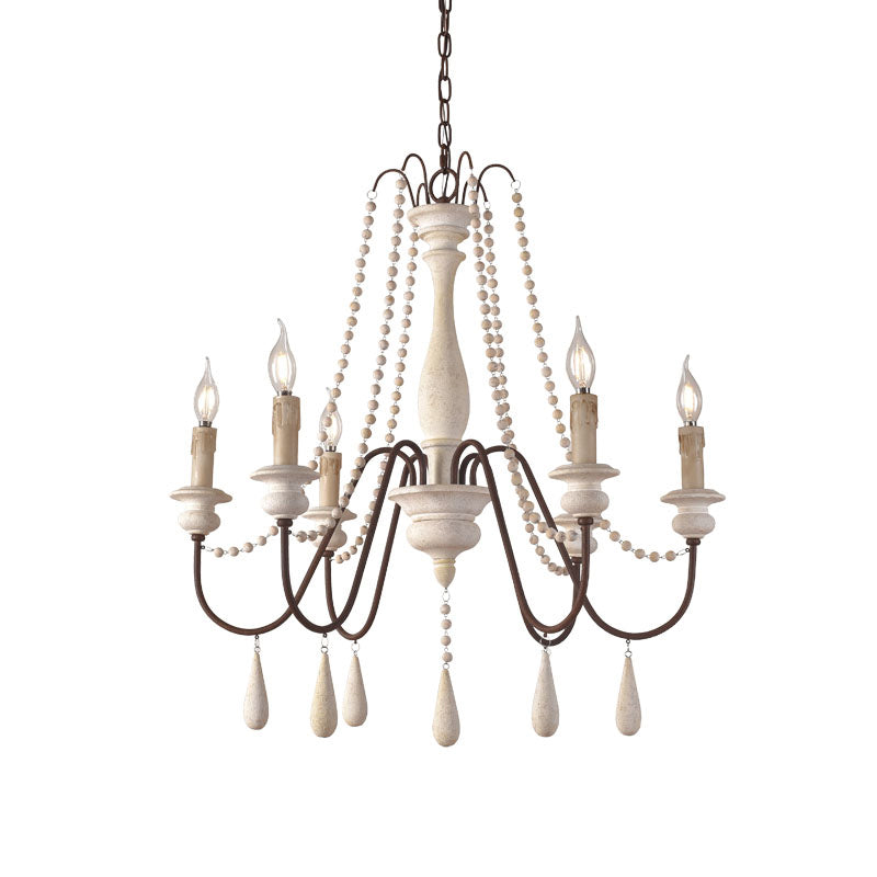 Rural Candle Pendulum Light 6 Bulbs Wood Chandelier Lighting Fixture in White with Bead Strand Clearhalo 'Ceiling Lights' 'Chandeliers' Lighting' options 2016083