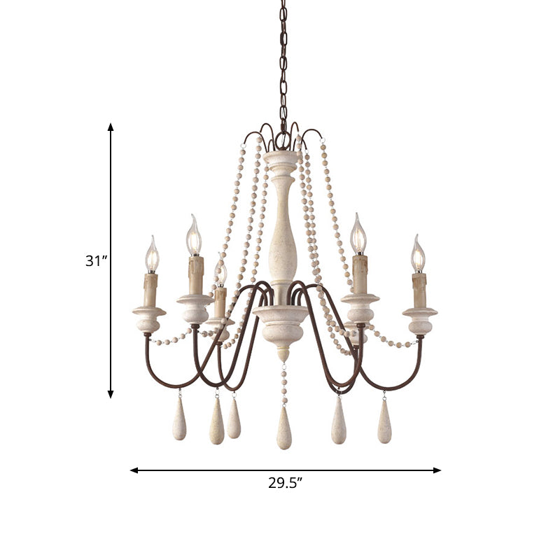 Rural Candle Pendulum Light 6 Bulbs Wood Chandelier Lighting Fixture in White with Bead Strand Clearhalo 'Ceiling Lights' 'Chandeliers' Lighting' options 2016084