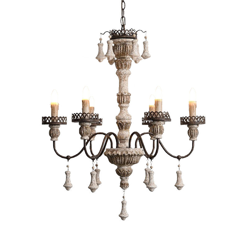 Metal Curvy Arm Chandelier Classic 6 Bulbs Living Room Pendant Lamp in Distressed Wood Clearhalo 'Ceiling Lights' 'Chandeliers' Lighting' options 2016091