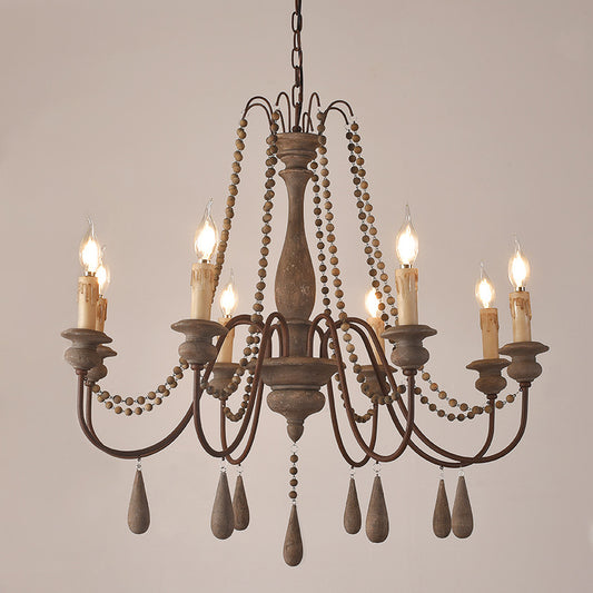 Bead Strand Hanging Chandelier Countryside Distressed Wood Suspension Lamp with Candelabra Design Clearhalo 'Ceiling Lights' 'Chandeliers' Lighting' options 2016096