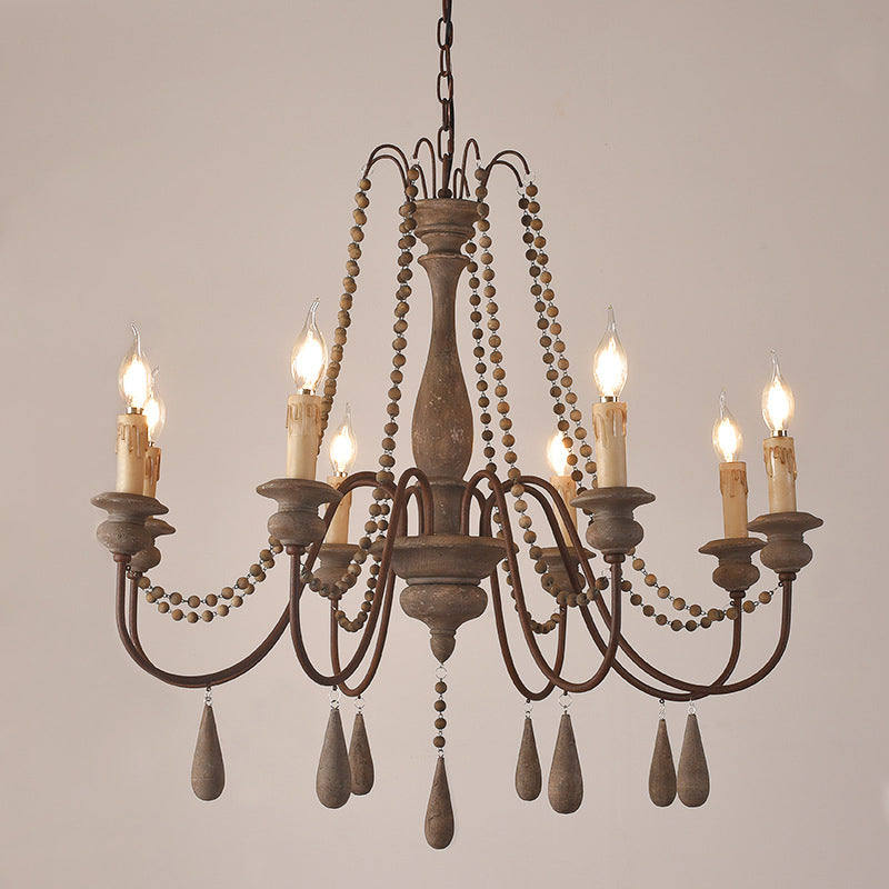 Bead Strand Hanging Chandelier Countryside Distressed Wood Suspension Lamp with Candelabra Design 8 Distressed Wood Clearhalo 'Ceiling Lights' 'Chandeliers' Lighting' options 2016096_614e4968-5173-4385-b366-9dd4d70b1f62