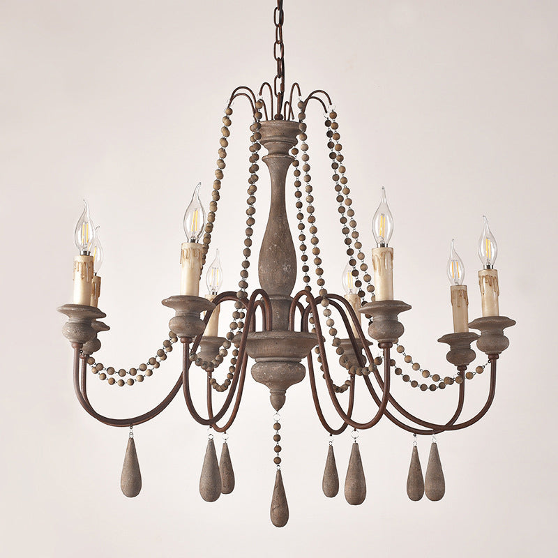 Bead Strand Hanging Chandelier Countryside Distressed Wood Suspension Lamp with Candelabra Design Clearhalo 'Ceiling Lights' 'Chandeliers' Lighting' options 2016097