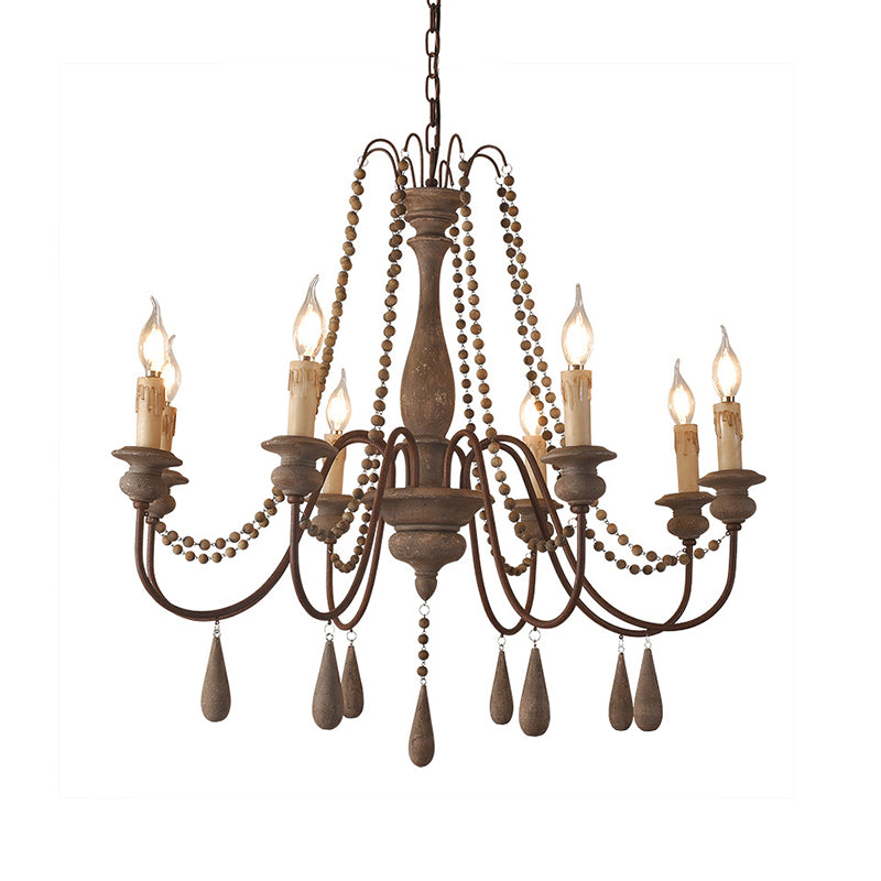 Bead Strand Hanging Chandelier Countryside Distressed Wood Suspension Lamp with Candelabra Design Clearhalo 'Ceiling Lights' 'Chandeliers' Lighting' options 2016098