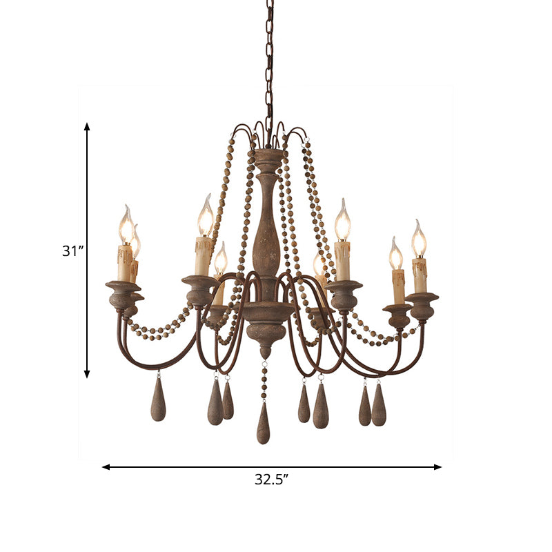 Bead Strand Hanging Chandelier Countryside Distressed Wood Suspension Lamp with Candelabra Design Clearhalo 'Ceiling Lights' 'Chandeliers' Lighting' options 2016099