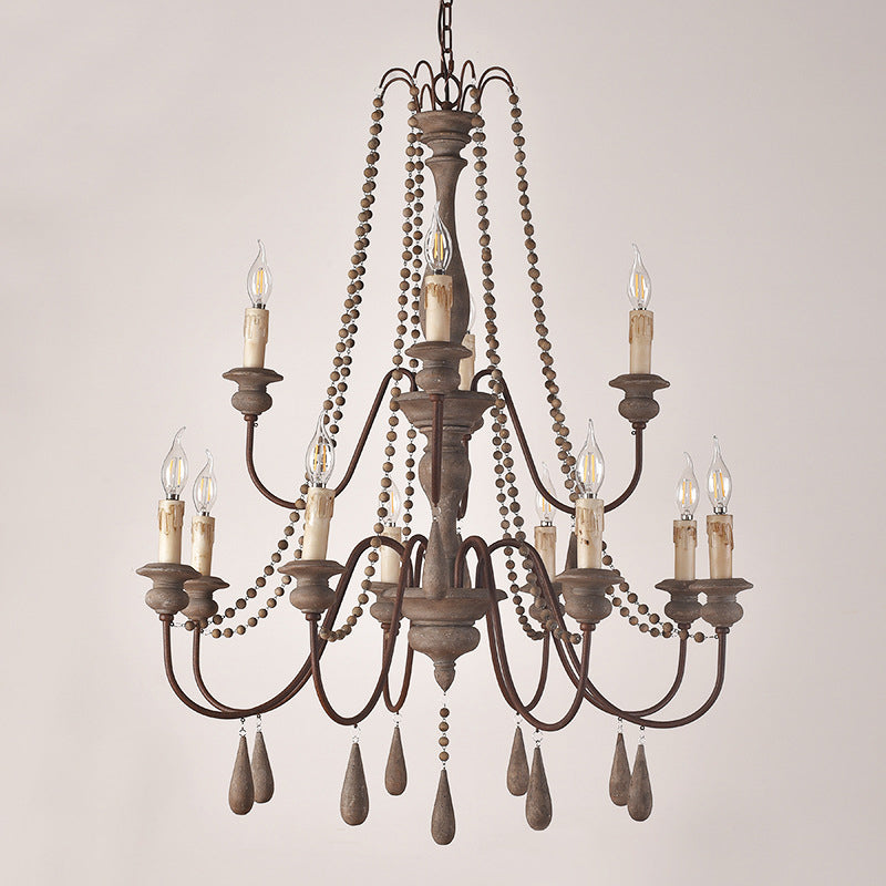 Bead Strand Hanging Chandelier Countryside Distressed Wood Suspension Lamp with Candelabra Design 12 Distressed Wood Clearhalo 'Ceiling Lights' 'Chandeliers' Lighting' options 2016100_31332369-83aa-444c-ae04-33d9db76a34b