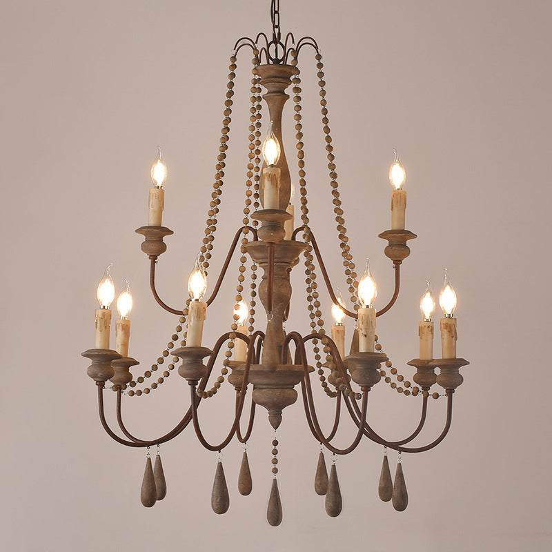 Bead Strand Hanging Chandelier Countryside Distressed Wood Suspension Lamp with Candelabra Design Clearhalo 'Ceiling Lights' 'Chandeliers' Lighting' options 2016101