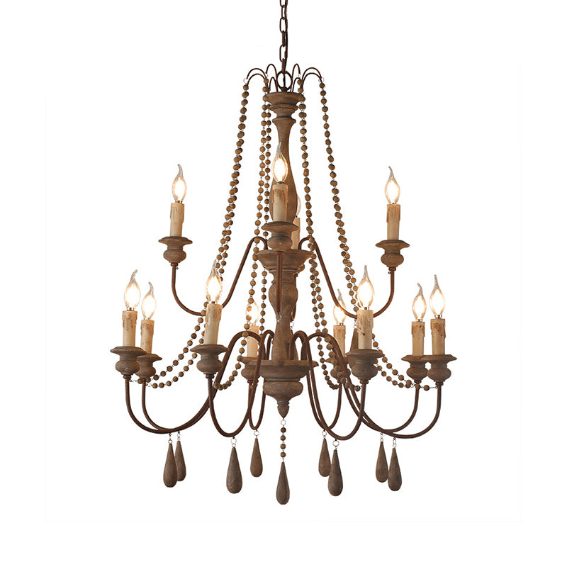 Bead Strand Hanging Chandelier Countryside Distressed Wood Suspension Lamp with Candelabra Design Clearhalo 'Ceiling Lights' 'Chandeliers' Lighting' options 2016102