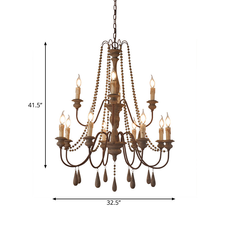 Bead Strand Hanging Chandelier Countryside Distressed Wood Suspension Lamp with Candelabra Design Clearhalo 'Ceiling Lights' 'Chandeliers' Lighting' options 2016103