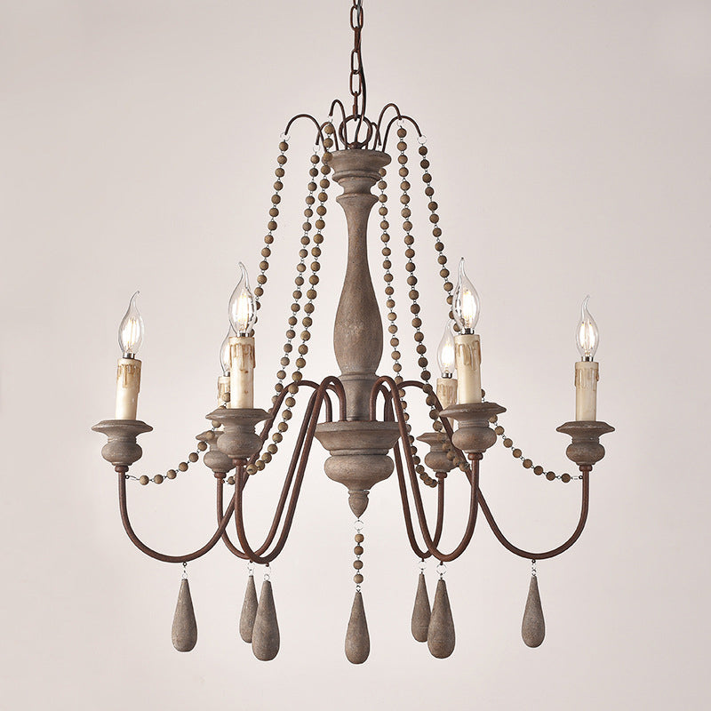 Bead Strand Hanging Chandelier Countryside Distressed Wood Suspension Lamp with Candelabra Design 6 Distressed Wood Clearhalo 'Ceiling Lights' 'Chandeliers' Lighting' options 2016104_22f449a2-a496-463d-93bd-11783d24628a