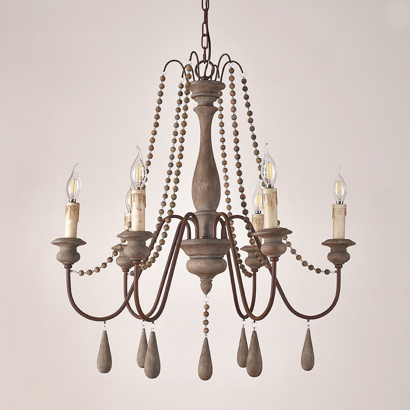 Bead Strand Hanging Chandelier Countryside Distressed Wood Suspension Lamp with Candelabra Design Clearhalo 'Ceiling Lights' 'Chandeliers' Lighting' options 2016105