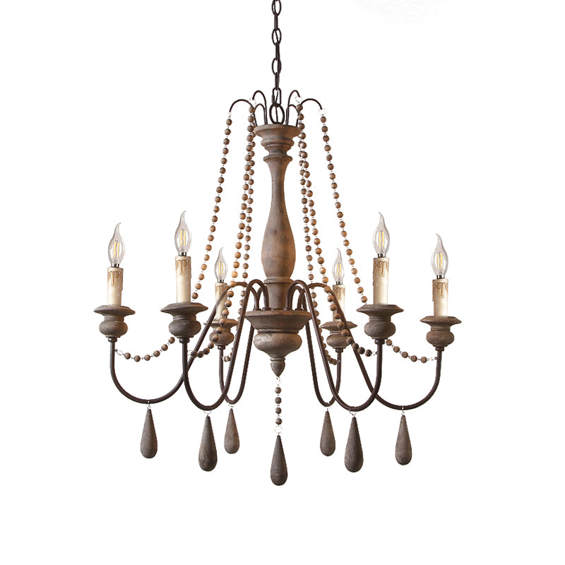 Bead Strand Hanging Chandelier Countryside Distressed Wood Suspension Lamp with Candelabra Design Clearhalo 'Ceiling Lights' 'Chandeliers' Lighting' options 2016106