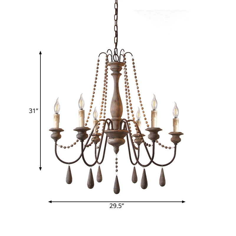 Bead Strand Hanging Chandelier Countryside Distressed Wood Suspension Lamp with Candelabra Design Clearhalo 'Ceiling Lights' 'Chandeliers' Lighting' options 2016107