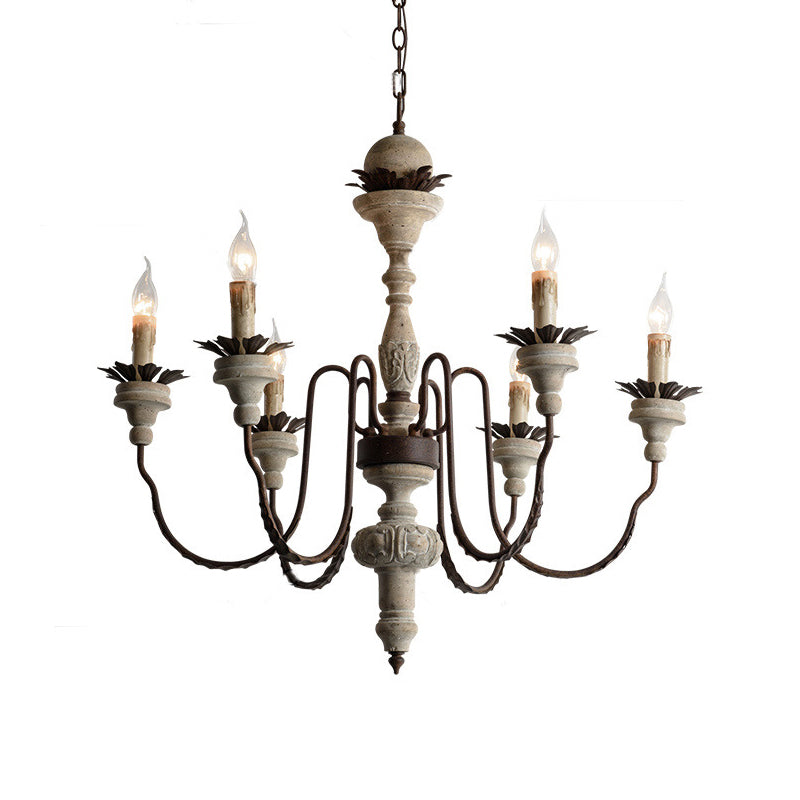 Candle Wood Pendant Chandelier Traditional 6 Lights Living Room Wood Suspension Lighting in Distressed White Clearhalo 'Ceiling Lights' 'Chandeliers' Lighting' options 2016108