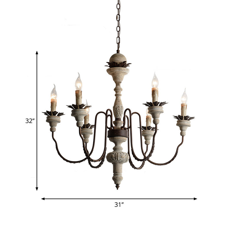 Candle Wood Pendant Chandelier Traditional 6 Lights Living Room Wood Suspension Lighting in Distressed White Clearhalo 'Ceiling Lights' 'Chandeliers' Lighting' options 2016110