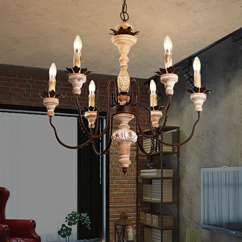 White Candle Hanging Lamp Kit Retro Distressed Wood Living Room Chandelier Light with Swooping Arm 6 Distressed White Clearhalo 'Ceiling Lights' 'Chandeliers' Lighting' options 2016120_bcdedc52-f418-4d11-b2a9-616f372ae333