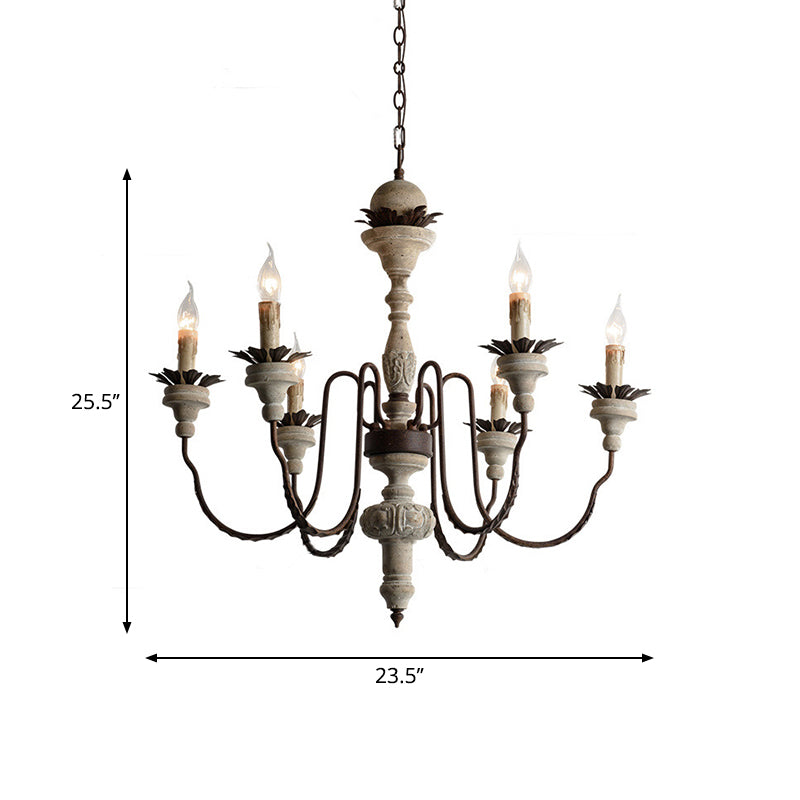 White Candle Hanging Lamp Kit Retro Distressed Wood Living Room Chandelier Light with Swooping Arm Clearhalo 'Ceiling Lights' 'Chandeliers' Lighting' options 2016123