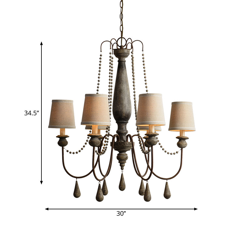 6-Light Chandelier Light Fixture Country Barrel Fabric Pendant Lighting in Distressed Wood Clearhalo 'Ceiling Lights' 'Chandeliers' Lighting' options 2016146