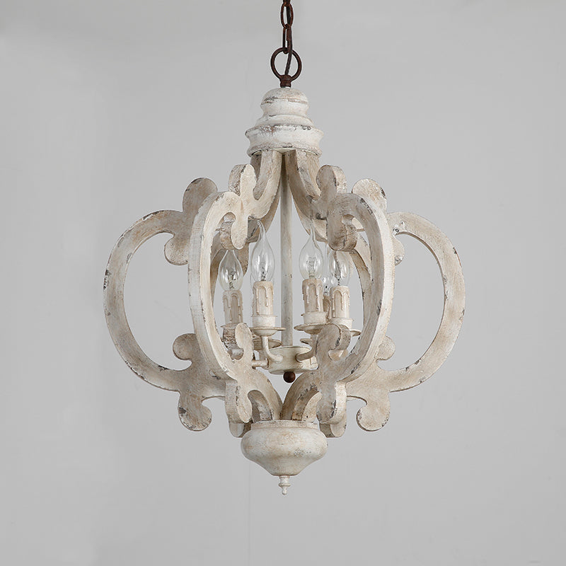 Quatrefoil Cage Bedroom Hanging Lighting Rustic Wood 6 Heads Distressed White Chandelier Light Fixture Clearhalo 'Ceiling Lights' 'Chandeliers' Lighting' options 2016152