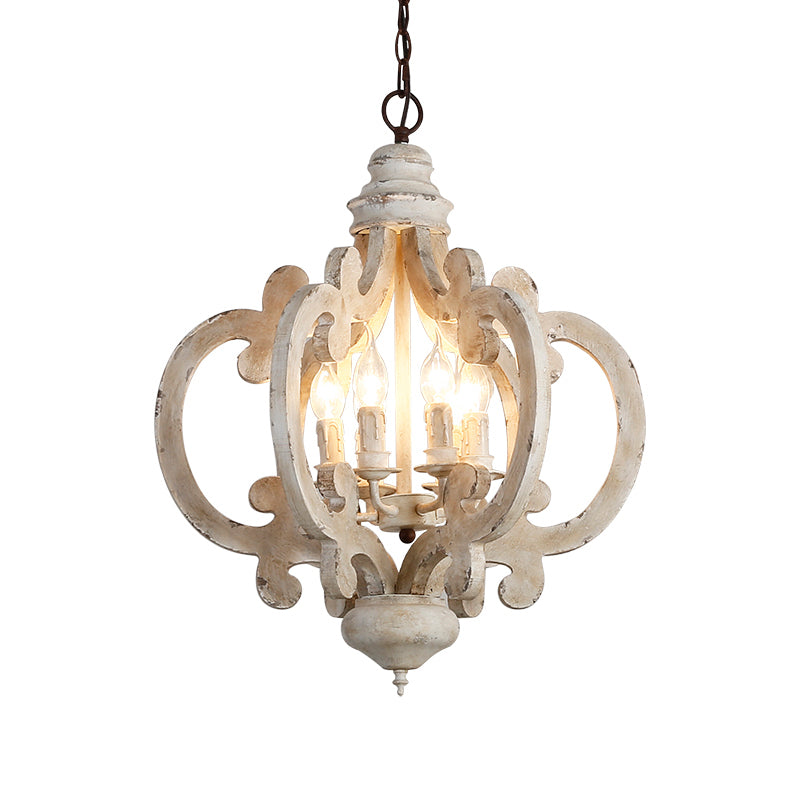 Quatrefoil Cage Bedroom Hanging Lighting Rustic Wood 6 Heads Distressed White Chandelier Light Fixture Clearhalo 'Ceiling Lights' 'Chandeliers' Lighting' options 2016155