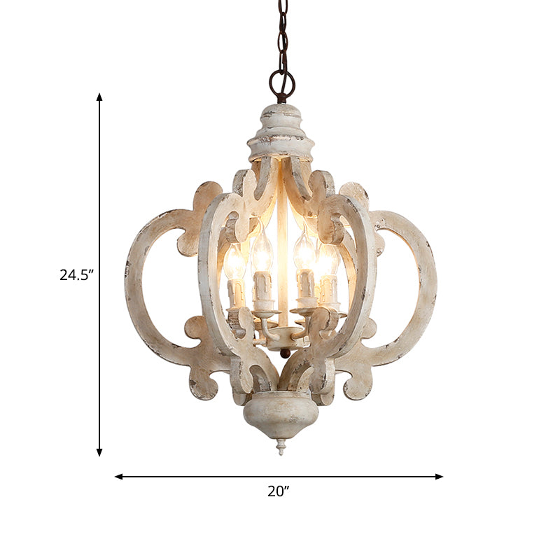 Quatrefoil Cage Bedroom Hanging Lighting Rustic Wood 6 Heads Distressed White Chandelier Light Fixture Clearhalo 'Ceiling Lights' 'Chandeliers' Lighting' options 2016156