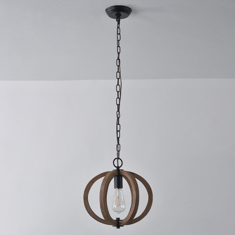 Wood Geometrical Cage Suspension Lamp Traditional 1 Head Living Room Drop Pendant Clearhalo 'Ceiling Lights' 'Pendant Lights' 'Pendants' Lighting' 2016184