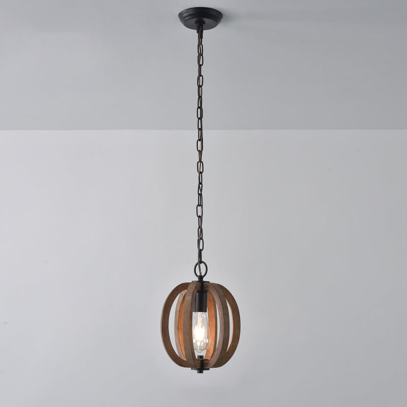 Wood Geometrical Cage Suspension Lamp Traditional 1 Head Living Room Drop Pendant Brown C Clearhalo 'Ceiling Lights' 'Pendant Lights' 'Pendants' Lighting' 2016192_f9547dc5-5b6b-4120-90d8-27b5b93cbc16